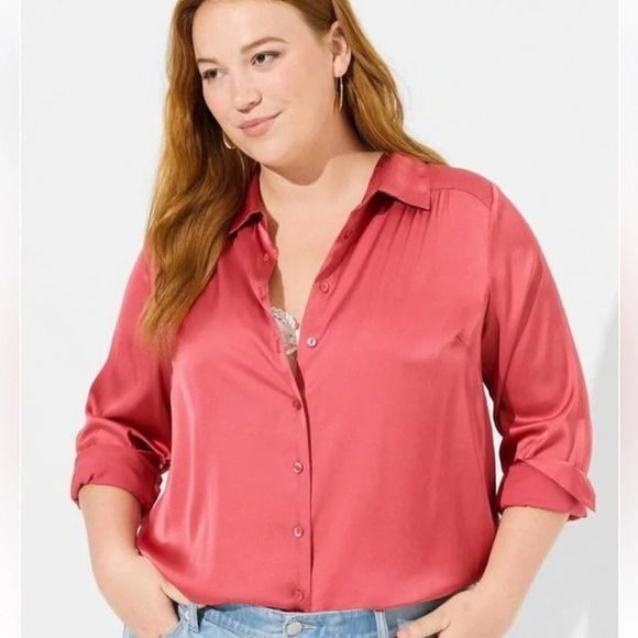 TORRID NWT Madison Satin Button-Up Long Sleeve Shirt, Holly Berry color, 24”p2p - Picture 1 of 9